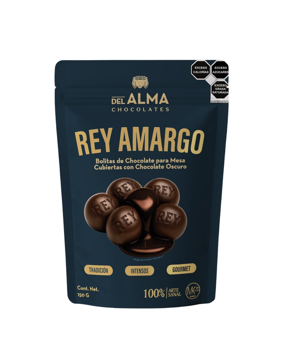 Chocolate Rey Amargo cubierto con Chocolate Oscuro. Bolsa 150g
