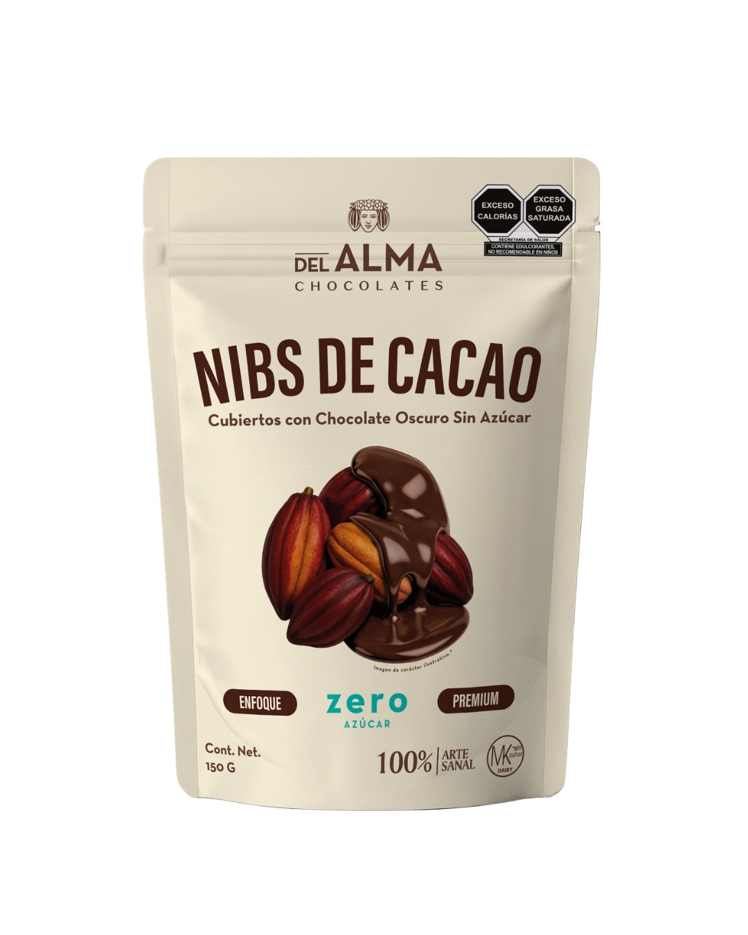 Nibs de Cacao Cubiertos con Chocolate Oscuro Sin Azúcar. Bolsa 150g